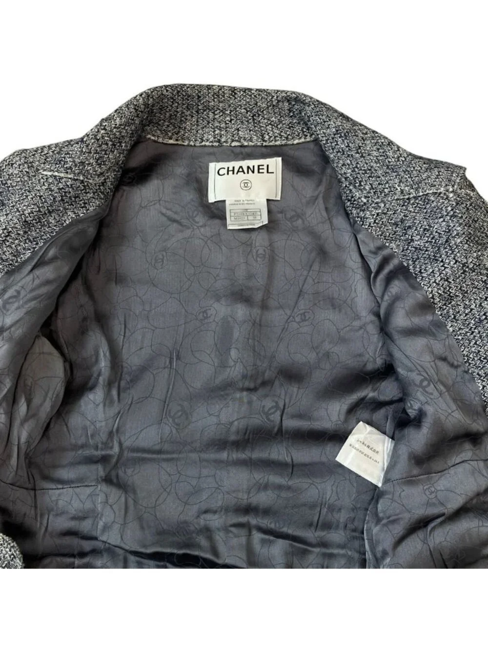 Chanel Lining Camellia CC Logo Button Linen Summer Tweed Jacket 38 Navy